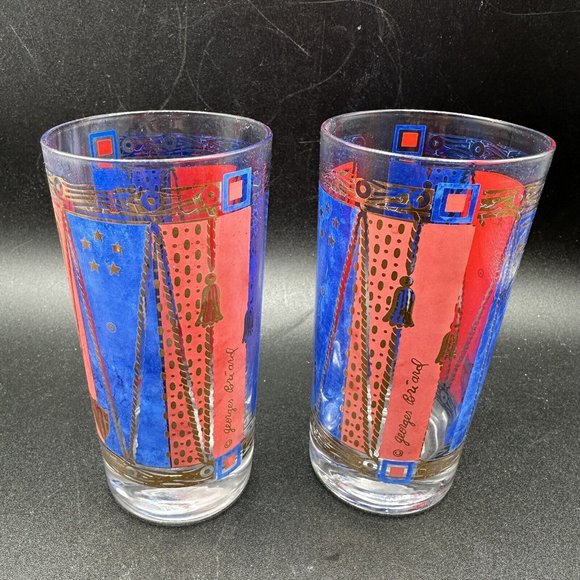 Georges Briard Glasses Gold Barware Tall Highball Patriotic Red Blue MCM Eagle - Picture 14 of 15
